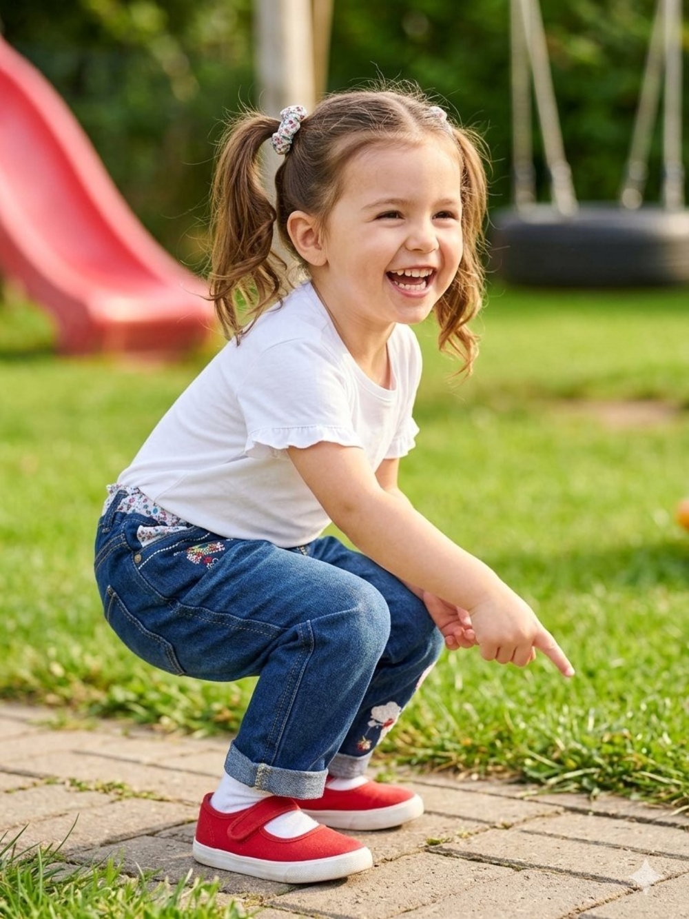 Girls Denim Jeans with Floral Embroidery - Blue • Size 110